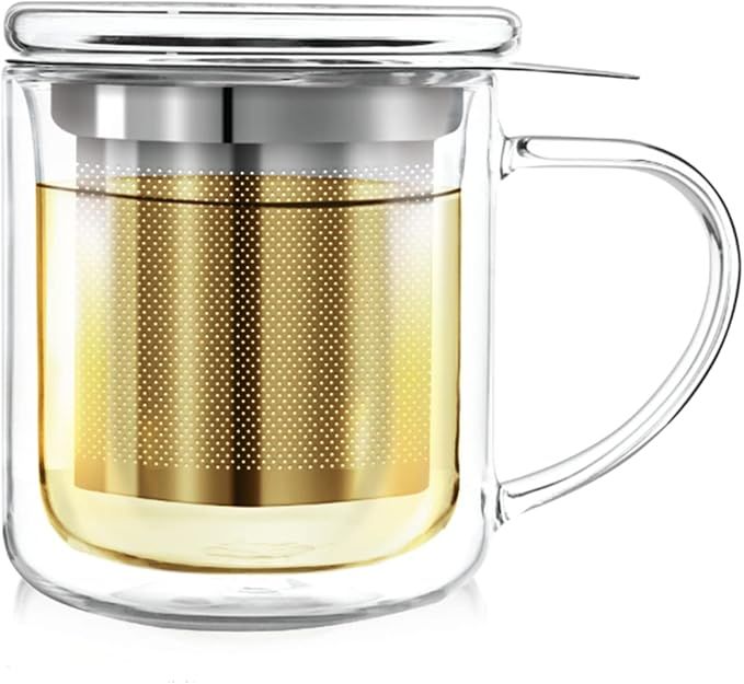 Teabloom Personal Tea Maker - Insulated Heatproof Glass Cup with Loose Tea Infuser and Lid/Coaster - Borosilicate Glass Infusion Mug (8 Oz)