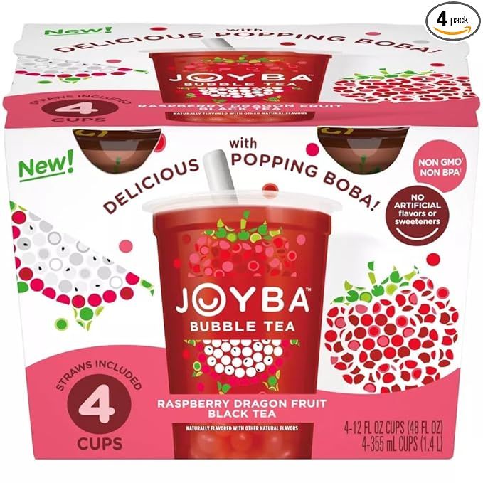 JOYBA Raspberry Dragon Gluten Free Non-GMO Black Bubble Tea - 12 fl oz Cups - 4 Pack