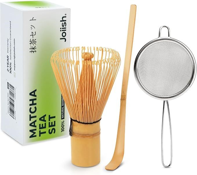 Traditional Matcha Starter Set, Bamboo Whisk (Chasen), Scoop (Chashaku), Stainless Steel Sifter, Basic Matcha Tea Making Kit