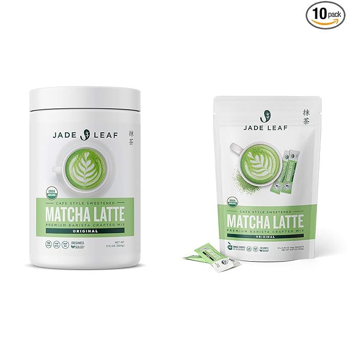 Jade Leaf Matcha Latte Mix Bundle - 500g Canister + 10ct Stick Packs - Cafe Style Sweetened Blend - Sweet Matcha Green Tea Powder