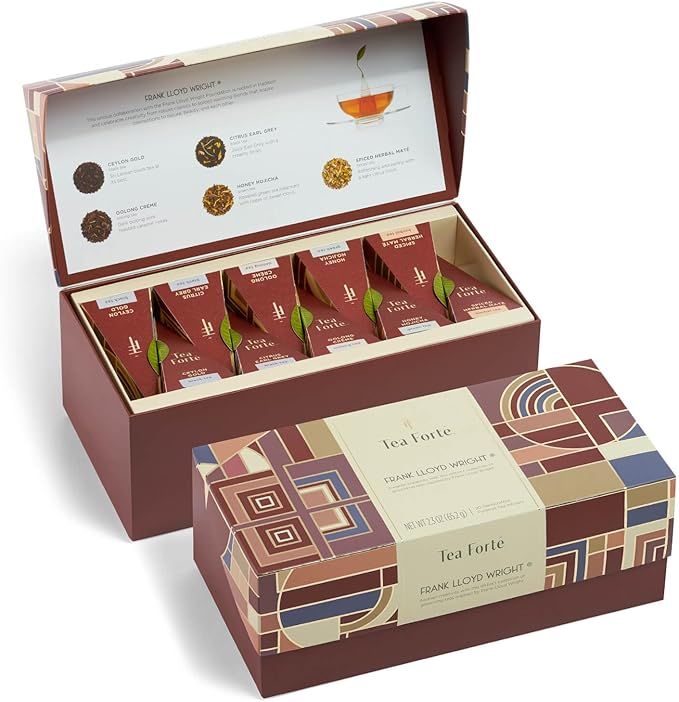 Tea Forte Frank Lloyd Wright Presentation Box Tea Sampler Gift Set, 20 Assorted Variety Handcrafted Pyramid Tea Infuser Bags