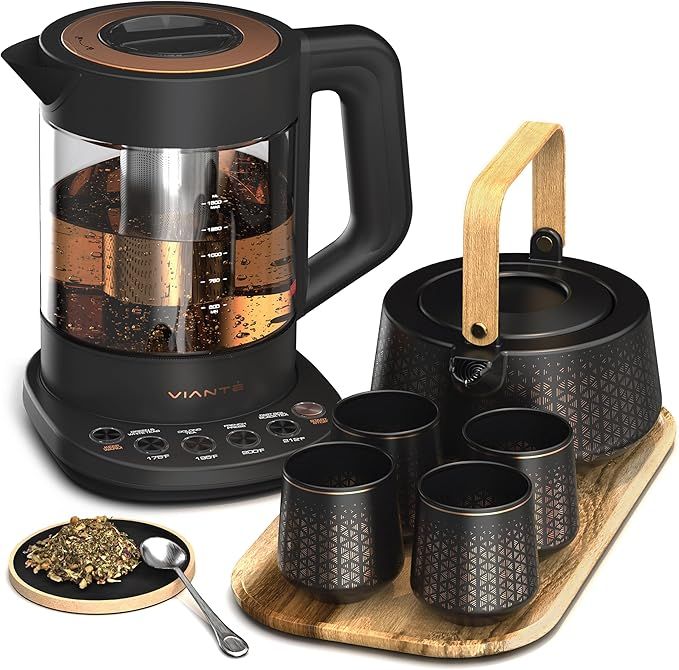 Viante Luxury Tea Set. Electric Kettle with Tea Infuser for Loose Leaf Tea And Ceramic Serving Set. Tea Pot And Cups Set With Wooden Tray. Excellent Gift Idea For Tea Lovers.